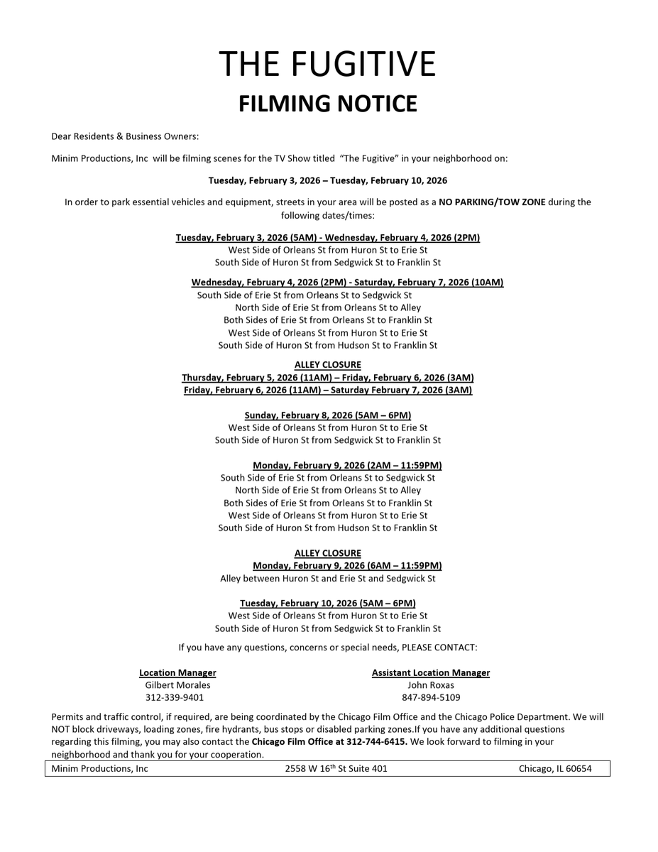 RNRA_Chicago's tweet photo. 🚨📽️📢FILMING NOTICE 📢📽️🚨

02/03/26-02/10/26 ROAD &amp; ALLEY CLOSURES

View schedule to see which areas will be impacted. 

Thank you for your cooperation! https://t.co/90FpGUAtnN