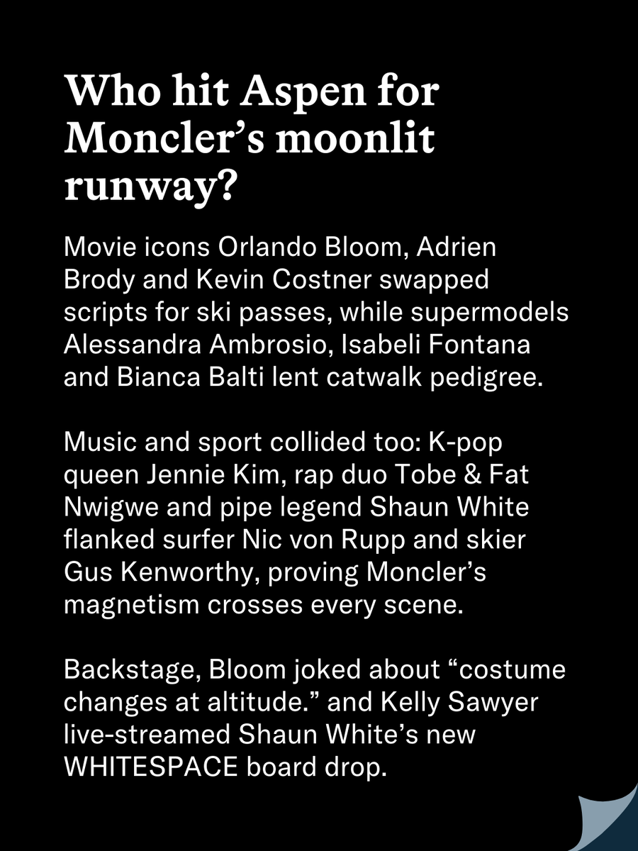 manofmany's tweet image. Adrien Brody, Orlando Bloom, Jennie Kim, Shaun White, Emily Ratajkowski and a dozen more hit Moncler Grenoble’s midnight runway, proving puffer glamour plays at 8,000 ft. From gondola jams to snowmobile drop-offs, this was peak celebrity style.

#moncler #grenoble #aspen