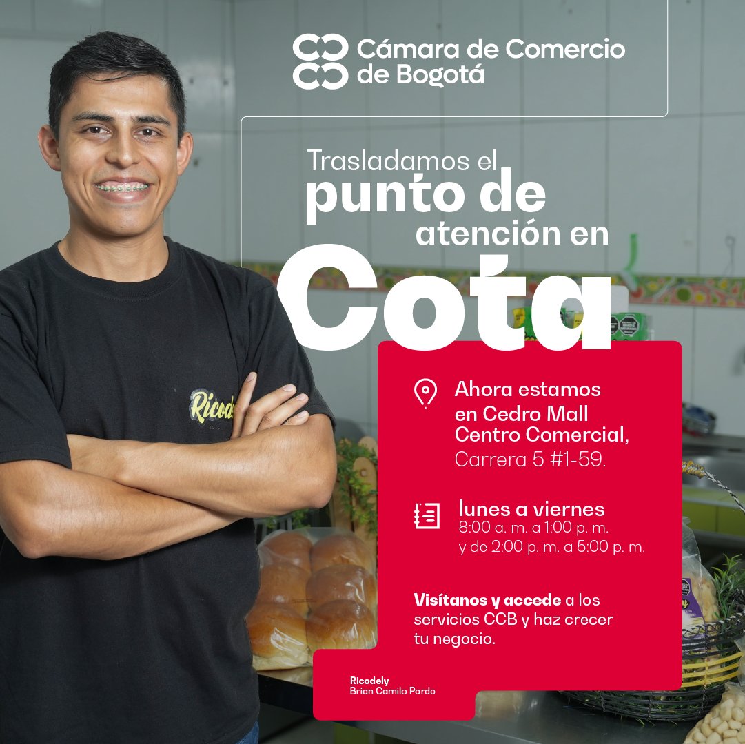 pablocalderonr's tweet photo. Si vives en Cota o estás cerca de uno de los municipios de la Provincia Sabana Centro de Cundinamarca te invitamos a visitar y realizar tus trámites en el Punto de atención de @camaracomerbog ubicado en Cedro Mall Centro Comercial en la Carrera 5 #1-59 https://t.co/RFaoO5CM7T