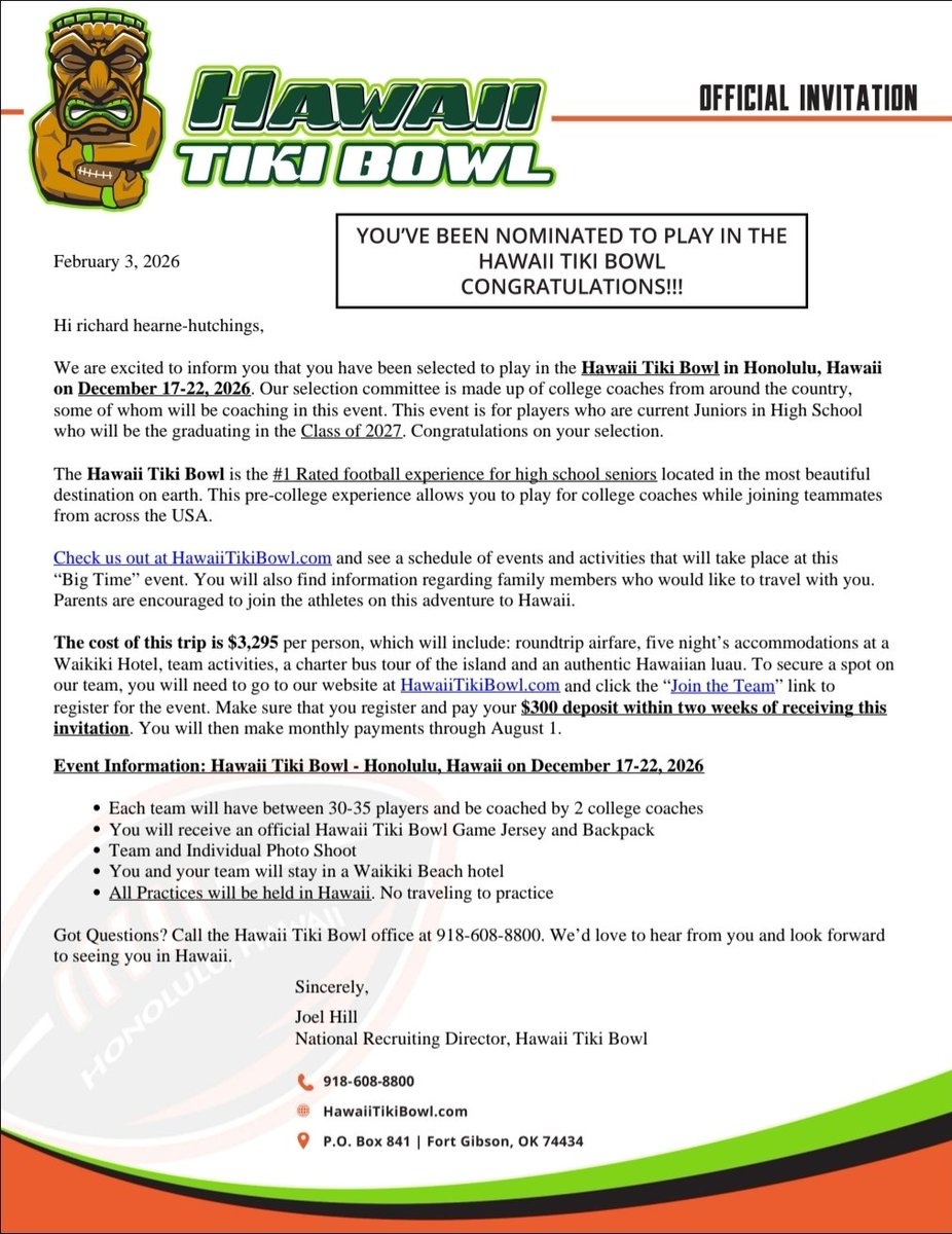 #AGTG THANK YOU  <a href="/HawaiiTikiBowl/">Hawaii Tiki Bowl</a>  for inviting blessed to have the opportunity 
<a href="/TheUCReport/">Billy Tucker</a>
<a href="/TheTop5s_/">TOP FIVES</a>
<a href="/FCRecruits/">First Choice Recruiting</a>
<a href="/JGonzalesJr10/">Julio Gonzales Jr.</a>
<a href="/One11Recruiting/">One11 Recruiting</a>
@_ENG
@On3Recruits

<a href="/GregSmithRivals/">Greg Smith</a>

@LeeAnnHerringRW  @RivalsWardlaw

<a href="/BigSkippin_75/">Coach Jordan Harris</a>
<a href="/PP_All_American/">All-American Bowl by Podyum Preps</a>
<a href="/PrepRedzoneTX/">Prep Redzone Texas</a>