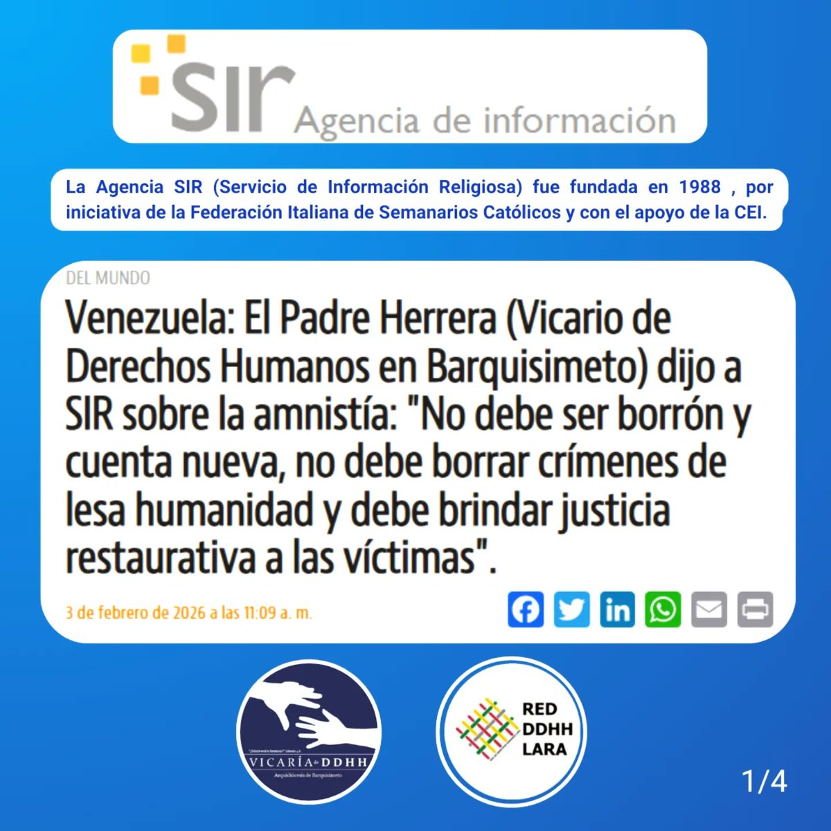 VicariaBqtoDDHH's tweet photo. #03Feb El Padre Raúl Herrera, Vicario de #DDHH de Arquidiócesis de #Barquisimeto fija la posición ante la Agencia SIR sobre la amnistía en #Venezuela
"No debe ser borrón y cuenta nueva"
¿Es la justicia restaurativa el camino para la reconciliación en Venezuela?
 #Justicia #Lara https://t.co/VHK7zrnlzR