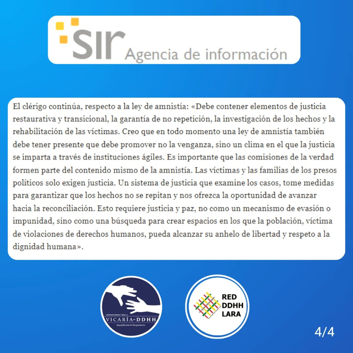 VicariaBqtoDDHH's tweet photo. #03Feb El Padre Raúl Herrera, Vicario de #DDHH de Arquidiócesis de #Barquisimeto fija la posición ante la Agencia SIR sobre la amnistía en #Venezuela
"No debe ser borrón y cuenta nueva"
¿Es la justicia restaurativa el camino para la reconciliación en Venezuela?
 #Justicia #Lara https://t.co/VHK7zrnlzR