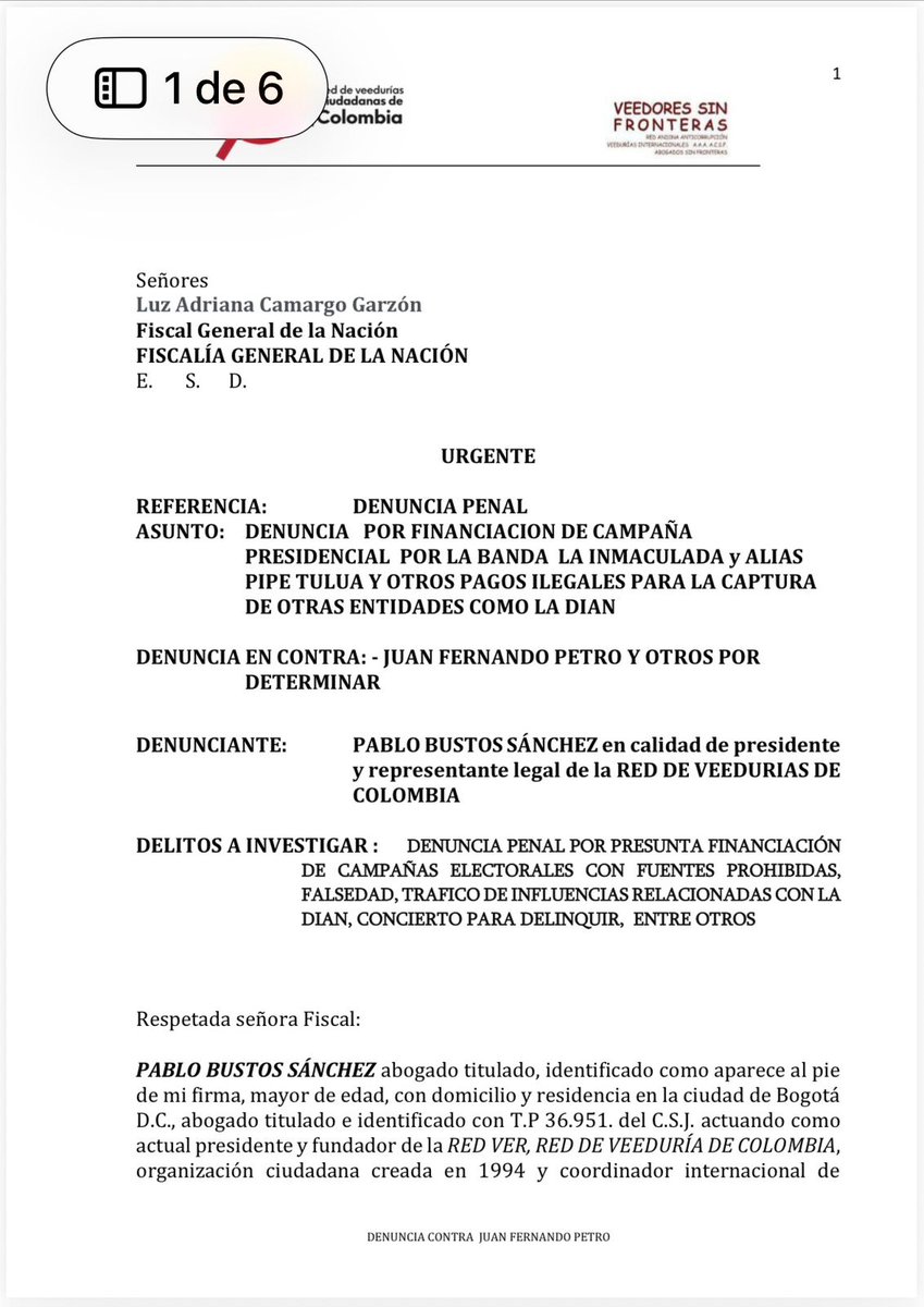 UltimaHoraCR's tweet photo. #ATENCIÓN | El presidente de la Red de Veedurías de Colombia, Pablo Bustos (@pablobustossanc), radicó una denuncia penal contra Juan Fernando Petro, hermano del presidente de la Rep��blica, Gustavo Petro (@petrogustavo), tras la revelación de la candidata presidencial Vicky Dávila (@VickyDavilaH) sobre la supuesta financiación de ‘Pipe Tuluá’ a la campaña presidencial de la Colombia Humana en 2022. 

Vía @JennyAngaritaG 
https://t.co/woHMRjVE2M