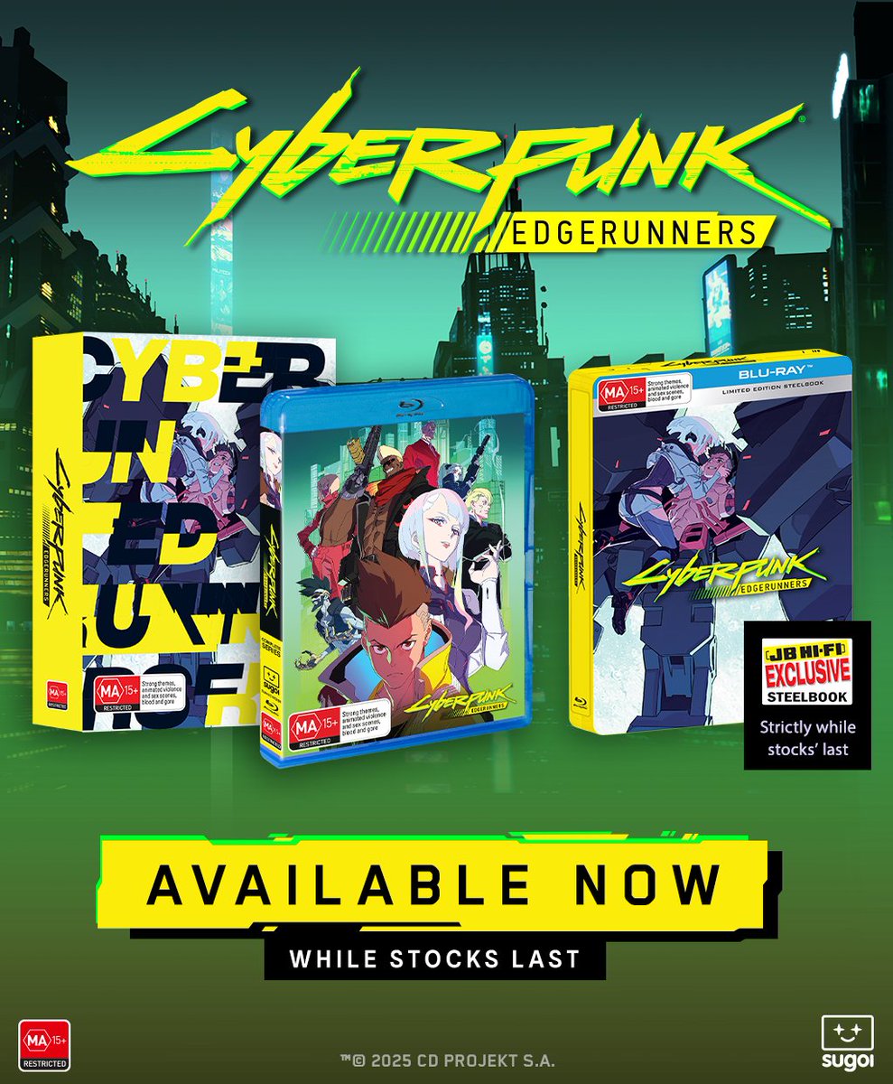 Cyberpunk Edgerunners is available to own NOW on Blu-ray!
Available in Standard, Collector's and a JB Hi-Fi Exclusive Steelbook Editions. Rush in stores and online now to get your copy. 

sugoi.shop/search?q=edger…