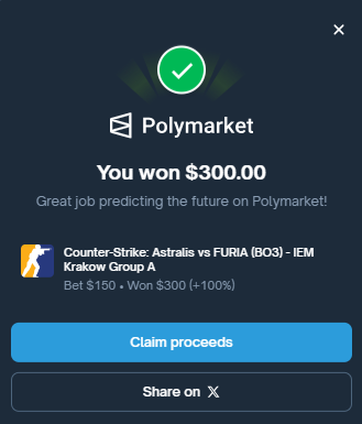 I just won 300.00 on <a href="/Polymarket/">Polymarket</a>!

Join me and put your money where your mouth is: poly.market/pp0E5hJ 

<a href="/FURIA/">FURIA</a> thank you!