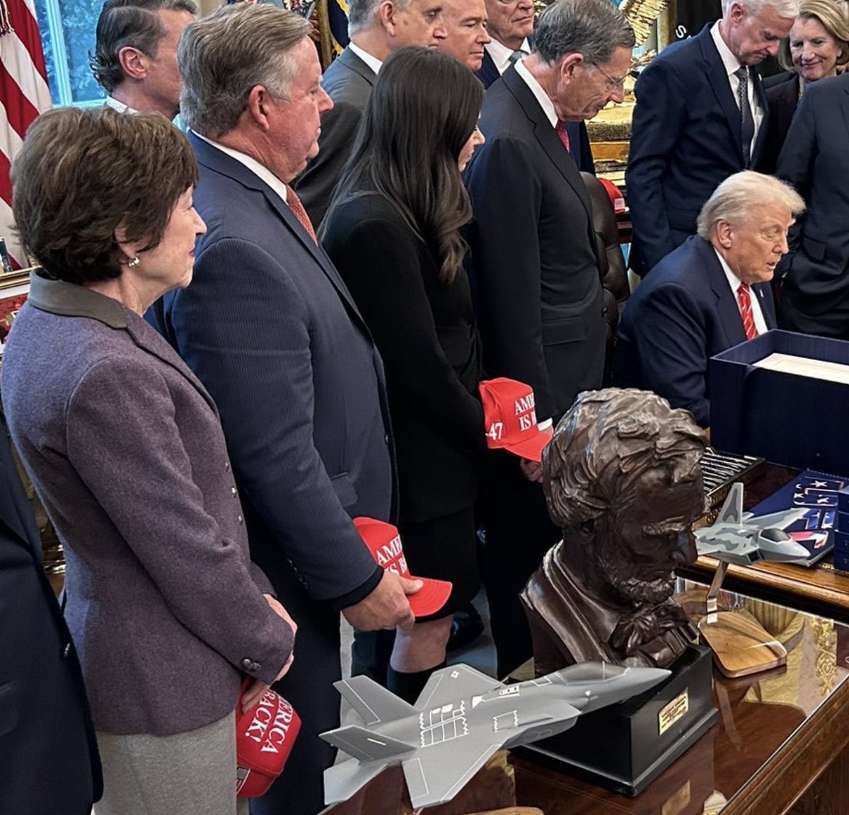 Well, my fellow Maine voters. Here is Susan Collins today paying tribute to her boss while holding her MAGA hat.