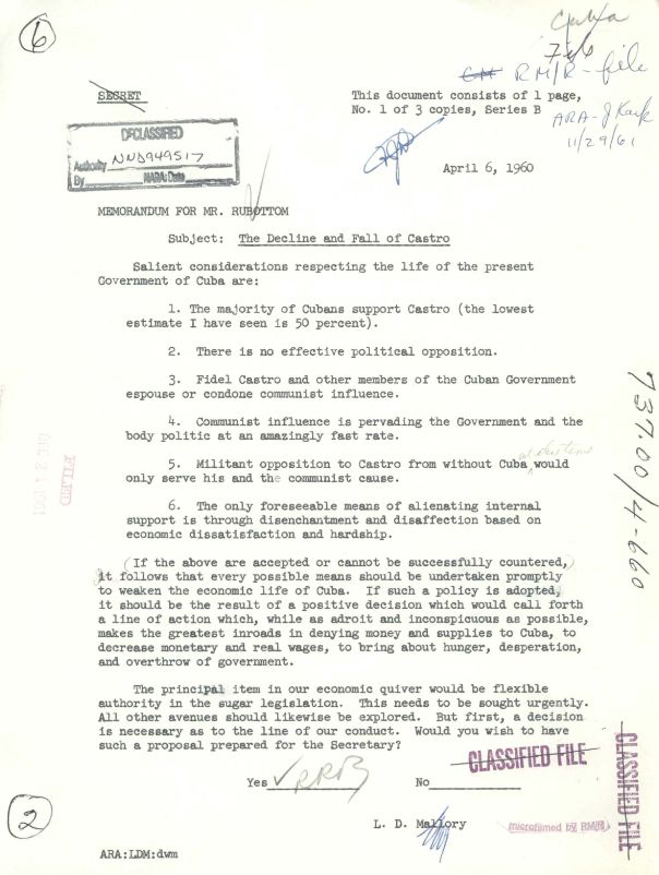 codepink's tweet image. 🇨🇺 In 1960, a State Dept memo concluded the Cuban revolution was too popular to overthrow, so they should "den[y] money and supplies to Cuba, to decrease monetary and real wages, to bring about hunger, desperation, and overthrow of government."

66 years of genocidal strategy.