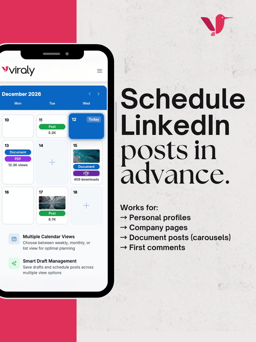 Schedule LinkedIn posts:

Personal profiles, company pages, document posts, first comments.

Plan ahead, post at peak times.

Guide: viraly.io/blog/how-to-sc…