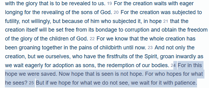 RussAllred2's tweet photo. @Tez8Tez8 @gncv @SipsWithSerra Paul makes a similar argument the author of Hebrews makes in Romans 8 about hope. The KJV reads "For we are saved by hope", which made me think for years "Hope" was a synonym for "Faith".  Its like "It was in the last place I looked." Because after you find it you stop looking. https://t.co/9cGD5OORK2
