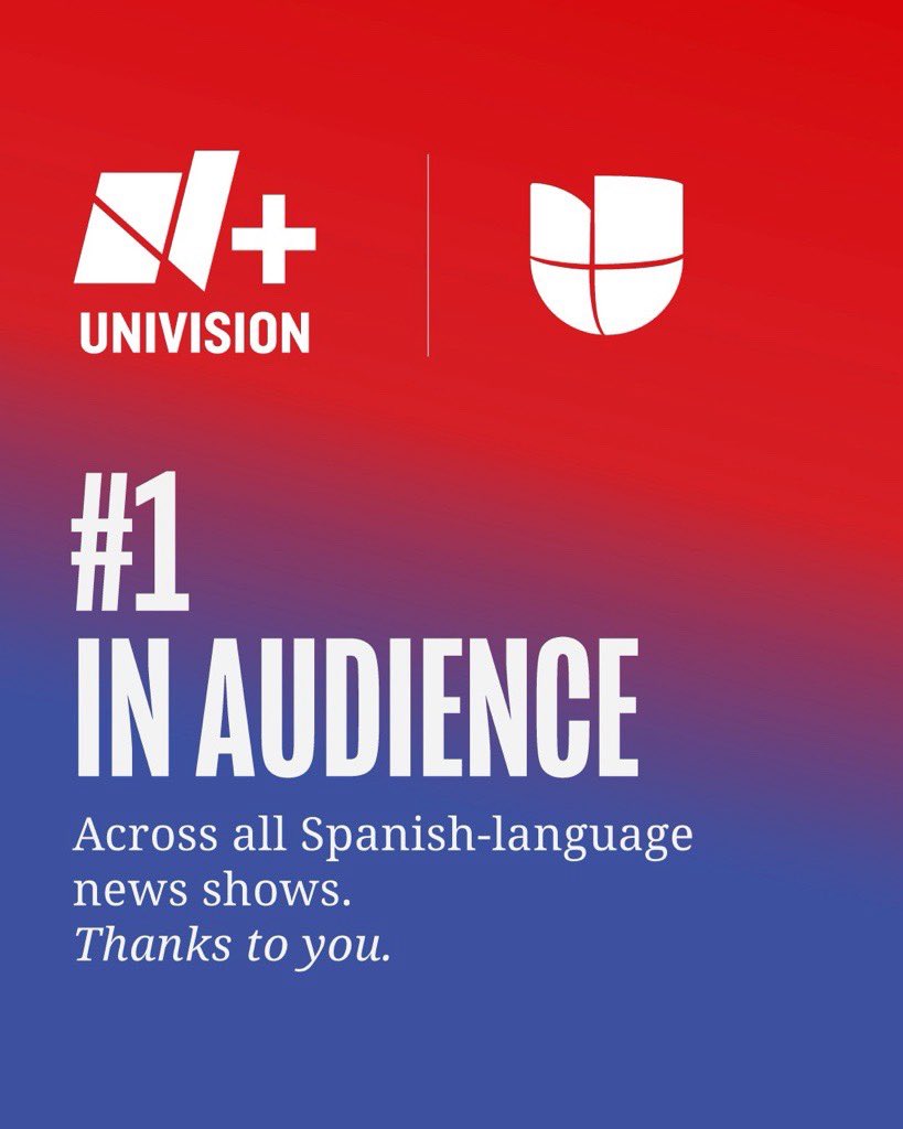 We are the audience leader across all Spanish-language news, thanks to the trust and loyalty of our viewers.

nmasunivision.com | #AhoraSomosMás | #NMásUnivision