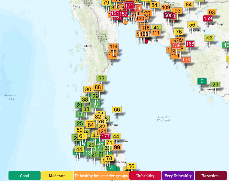HelmutDuerrast's tweet photo. 04 Feb 26 around 07:00
#AirPollution #PM25 PM 2.5 #Smog season for #Bangkok and #Thailand. Here, near-surface measurements for determination of AQI via https://t.co/d9CdNsR8Ww
>#HuaHin #KoSamui
>Upper South=ORANGE-YELLOW-GREEN
>WIND/RAIN/TERRAIN make difference https://t.co/Ns5bxt2p6O