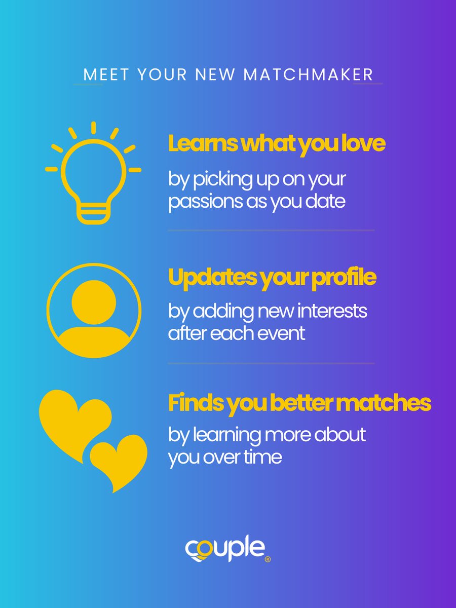MatchOnCouple's tweet photo. Dating, but make it effortless!⁠
⁠
Our AI Matchmaker learns your interests as you go, updates your profile automatically, &amp; finds better matches every time.⁠
⁠
Just be yourself &amp; we’ll handle the rest ✨⁠
⁠
#smartdating #onlinedating #moderndating #speeddating #singlelife https://t.co/Kro0ZMMb4Z