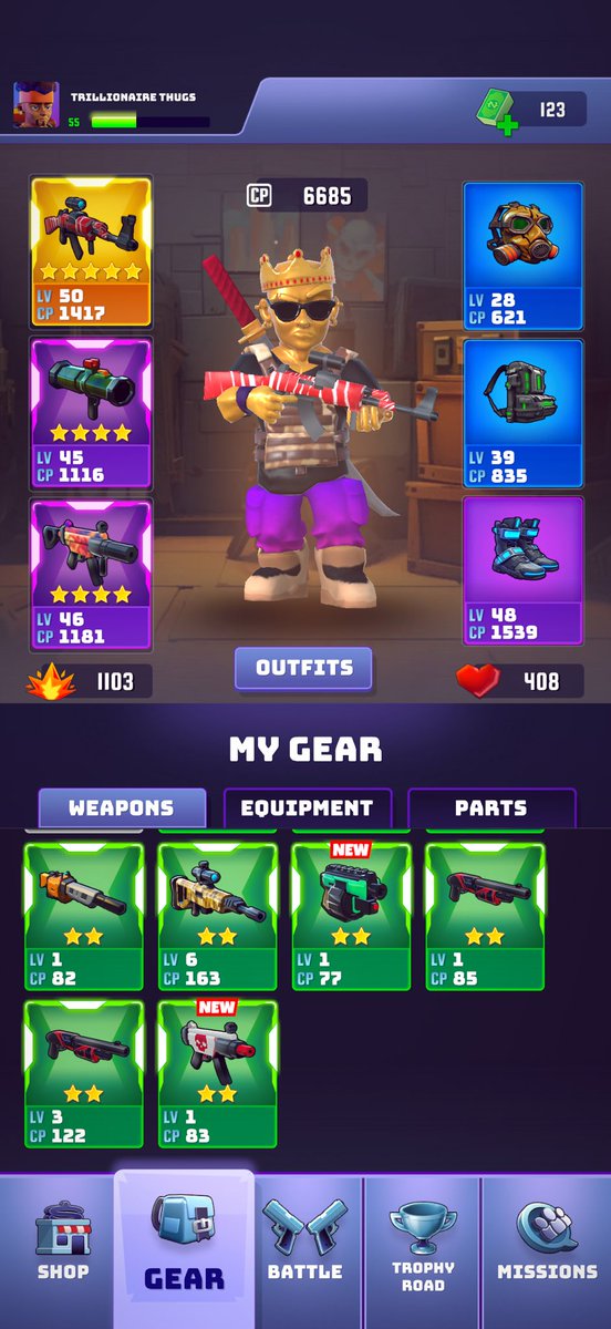How’s everyone’s zombie world gear &amp; weapons coming along?🔥 

Have you picked up a NFT? 👀

Yet to complete world 20 yet but I do think I’m well equiped for the long run!🎒

Web3 gaming with <a href="/TThugsNFT/">Trillionaire Thugs NFT</a> is promising. ✅  

#TrillionaireThugs #ZombieWorld #P2E #Web3 #MobileGaming