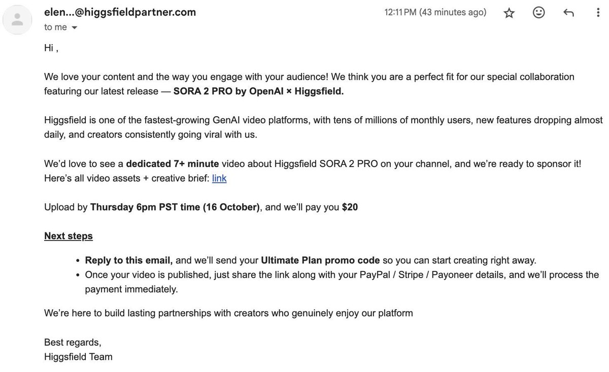 Sponsorship email screenshot