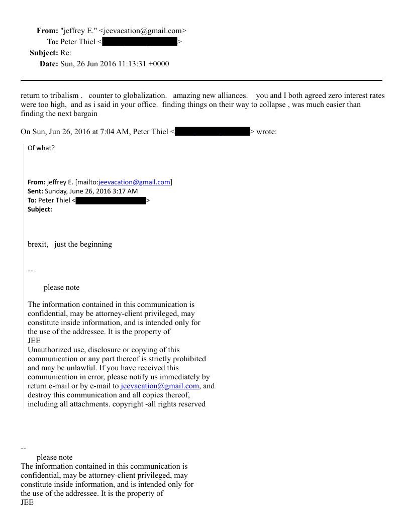 emeriticus's tweet image. Wow this sucks anyway care to comment on this email between your mentor Peter Thiel and Jeffrey Epstein where they talk about how engineering the collapse of America would be beneficial to them