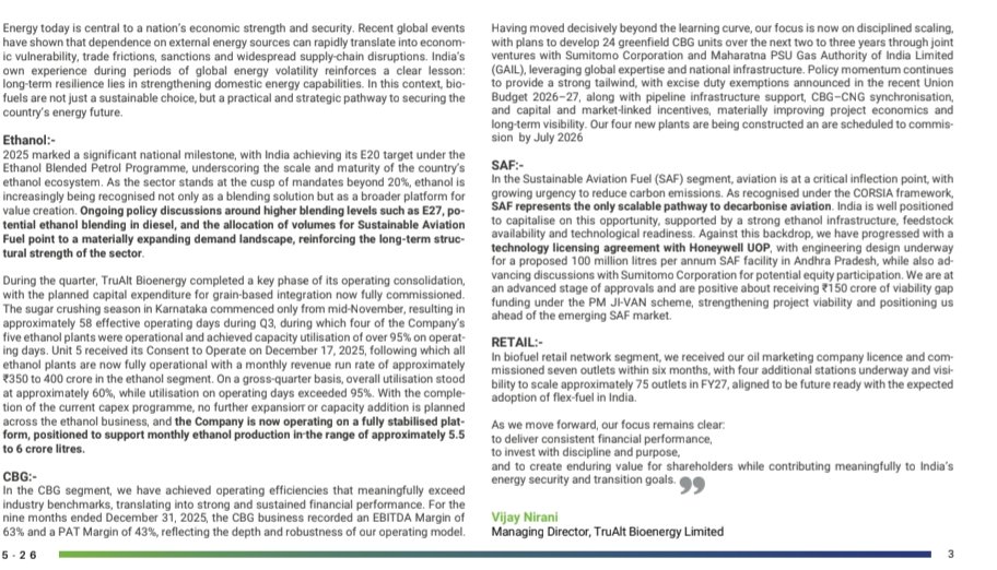 nid_rockz's tweet photo. TruAlt Bioenergy
#TruAlt
#TruAltBio
#TruAltBioEnergy
Segment-wise:
Ethanol:
All ethanol related capex programs are now completed and no further capex plans here
Focus on effective ramp up and increased utilization
Grain based integration is now fully completed
58 effective operating days in Q3 as sugar crushing season started in mid Nov only
95% utilization on operating days
Unit 5 received it's "Consent to operate" on 17th Dec
Q4 contribution
Monthly run rate for ethanol segment at present is at 350-400cr post all capex commissioning
Monthly ethanol production from Q4 to be at 5.5cr to 6cr litres
1300 KLPD out of 2000 KLPD is now Dual-feed integrated
4 months shutdown in H1 for this conversion to better address seasonality impacted 9MFY26
CBG:
High Margin segment
JV with Sumitomo progressing well
4 plants to start operations from H2FY27
9M OPM of 63%
9M PAT margins of 43%
Plans to develop 24 Greenfield CBG units over next 2-3 years through JVs with Sumitomo and GAIL
4 new plants to be commissioned by July 2026
SAF:
Sustainable Aviation Fuel
Technology licensing agreement with Honeywell
100 million litres per annum capacity in AP
At advanced stages of approvals and confident to receive 150cr VGF
Biofuel retail network:
Received OMC licence
Commisioned 7 outlets within 6 months
Plans to scale it to 75 outlets by FY27