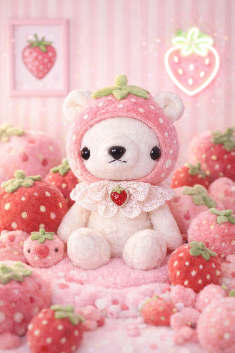 いちごにまみれた、ぬいぐるみくまちゃんの冬の一枚🍓 生成AIで背景を