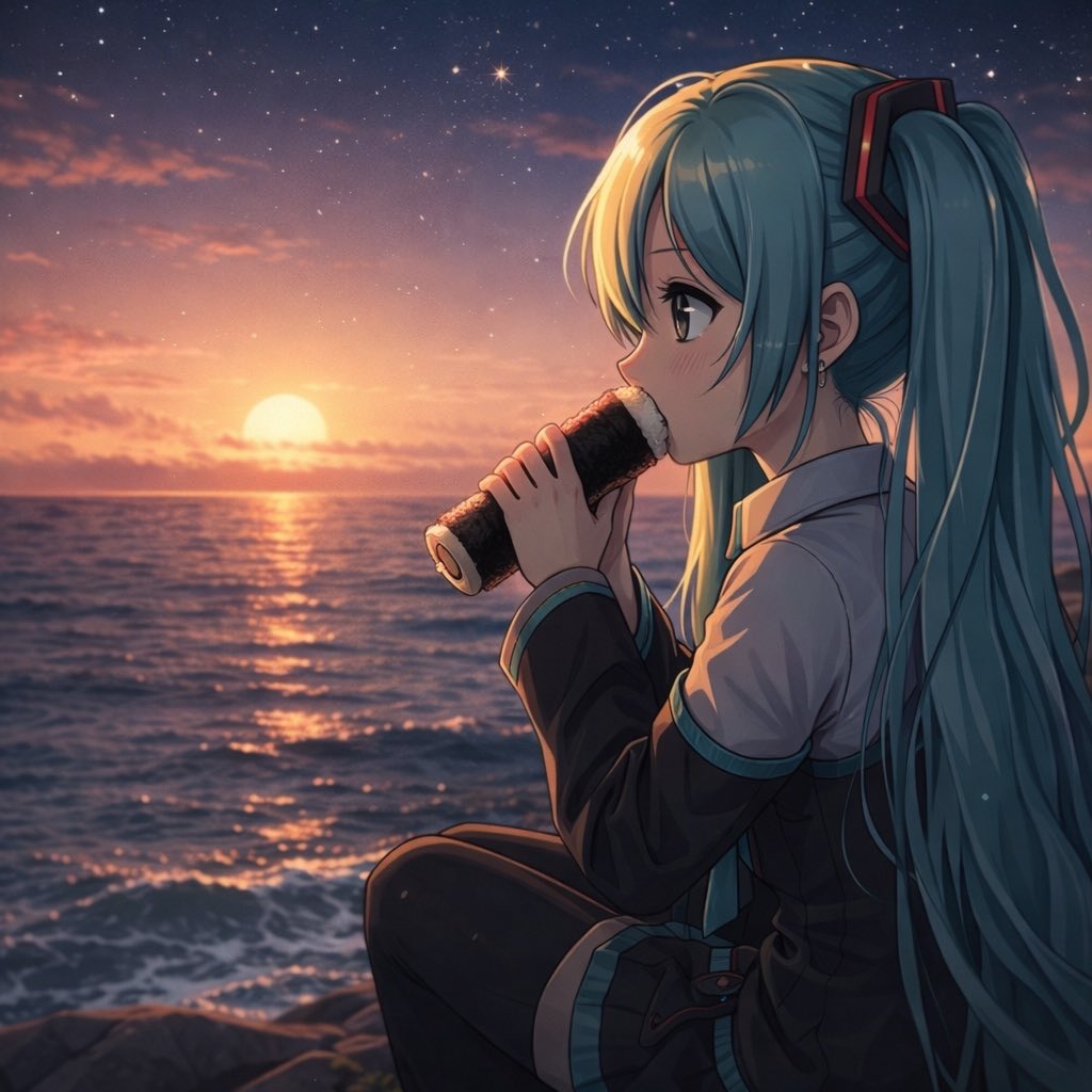 aoiao901's tweet image. gm bro 🌅

昨日は恵方巻き食べた？🍣
そろそろミクにも運が転がり込んで欲しいね😌🌊

Ehomaki in hand, staring at the ocean 🌊🍣
Quiet moments before luck finds its way to Miku 😌✨

Every journey starts somewhere.
Next stop: the moon 🚀🌕

#gm #Ehomaki #Sentimental
#MIKU #MIKUCoin