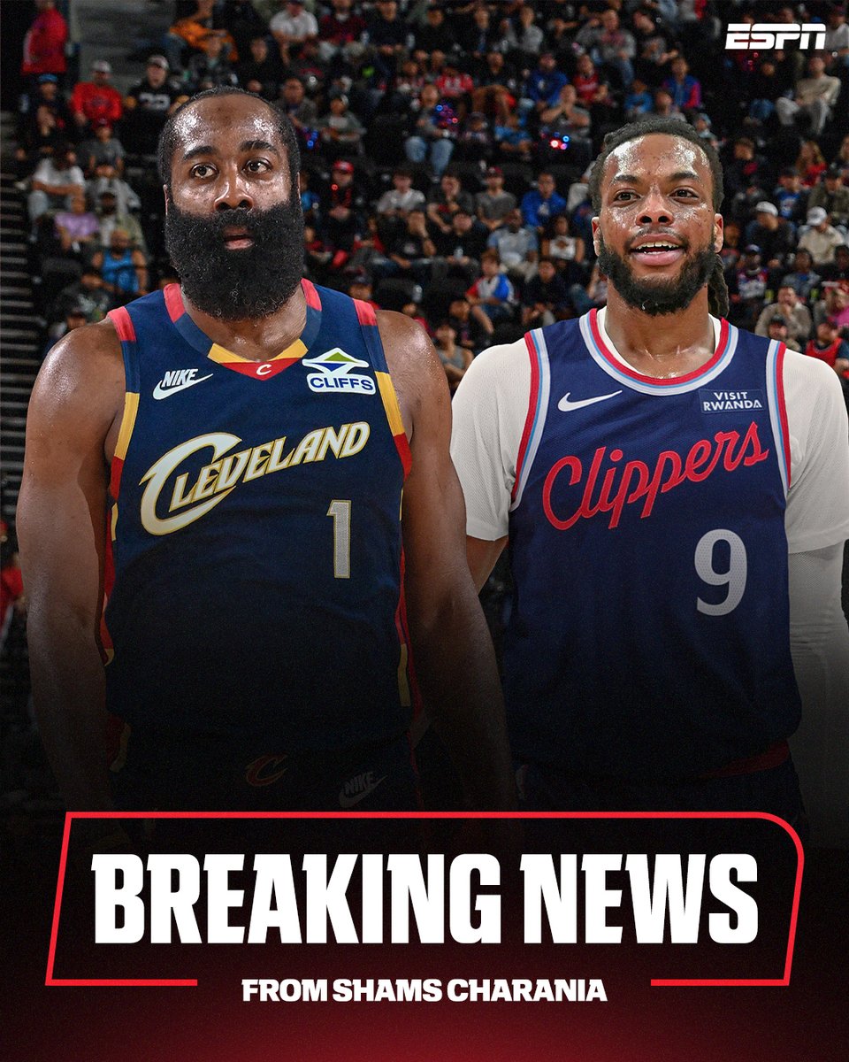 espn's tweet image. Breaking: The Los Angeles Clippers are trading James Harden to the Cleveland Cavaliers for Darius Garland and a second-round pick, sources tell @ShamsCharania.