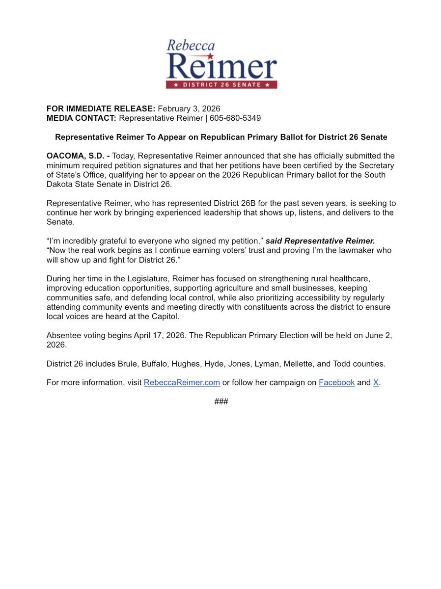 FOR IMMEDIATE RELEASE:

Representative Reimer To Appear on Republican Primary Ballot for District 26 Senate