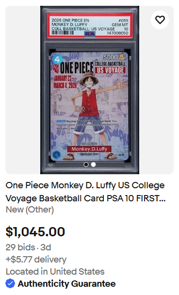 The featured PSA 10 OPTCG College Basketball US Voyage Luffy in