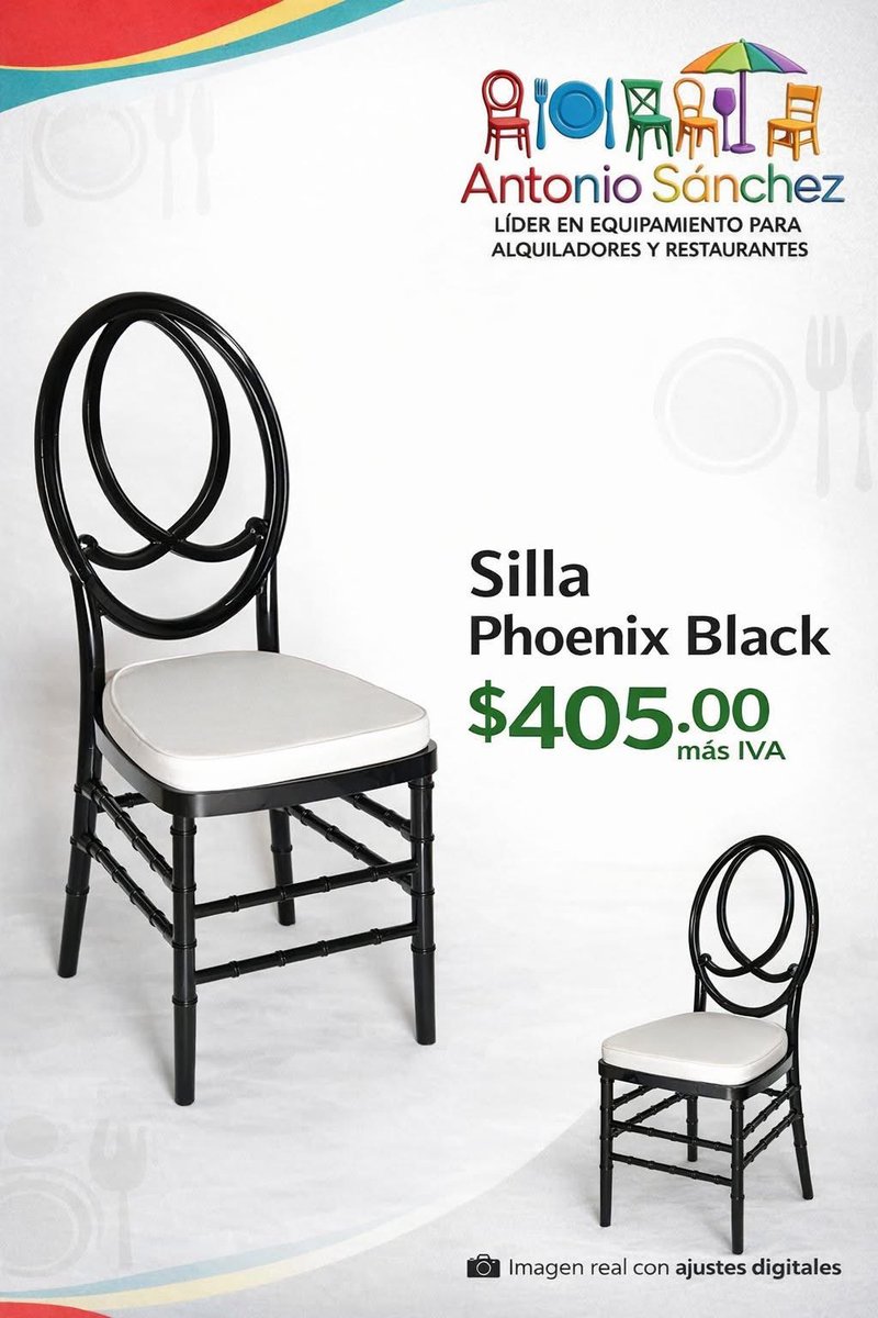 🪑✨ SILLA PHOENIX BLACK ✨🪑
Elegancia y resistencia para eventos y espacios profesionales
💺 Diseño sofisticado en color negro
✔️ Ideal para bodas, eventos y restaurantes
✔️ Cómoda, resistente y apilable
✔️ Perfecta para uso intensivo
💰 Precio: $405.00 + IVA