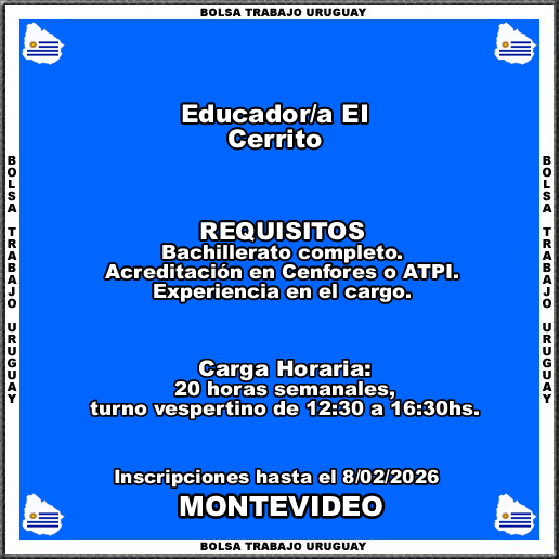 Educador-a EI Cerrito
MÁS INFORMACIÓN CLICK O TOCANDO EL ENLACE👇
empleos.bolsatrabajouruguay.click/2026/02/educad…
Educador-a EI Cerrito
Inscripciones hasta el 8/02/2026