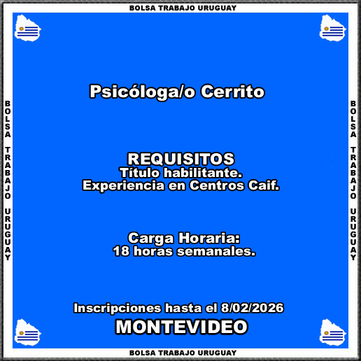 Psicóloga-o Cerrito
MÁS INFORMACIÓN CLICK O TOCANDO EL ENLACE👇
empleos.bolsatrabajouruguay.click/2026/02/psicol…
Psicóloga-o Cerrito
Inscripciones hasta el 8/02/2026