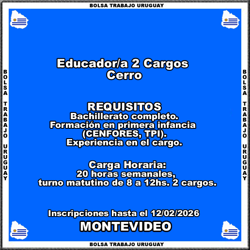 Educador-a 2 Cargos Cerro
MÁS INFORMACIÓN CLICK O TOCANDO EL ENLACE👇
empleos.bolsatrabajouruguay.click/2026/02/educad…
Educador-a 2 Cargos Cerro
Inscripciones hasta el 12/02/2026