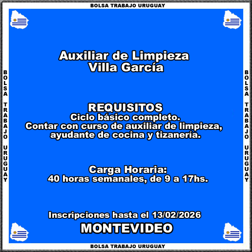 Auxiliar de Limpieza Villa García
MÁS INFORMACIÓN CLICK O TOCANDO EL ENLACE👇
empleos.bolsatrabajouruguay.click/2026/02/auxili…
Auxiliar de Limpieza Villa García
Inscripciones hasta el 13/02/2026