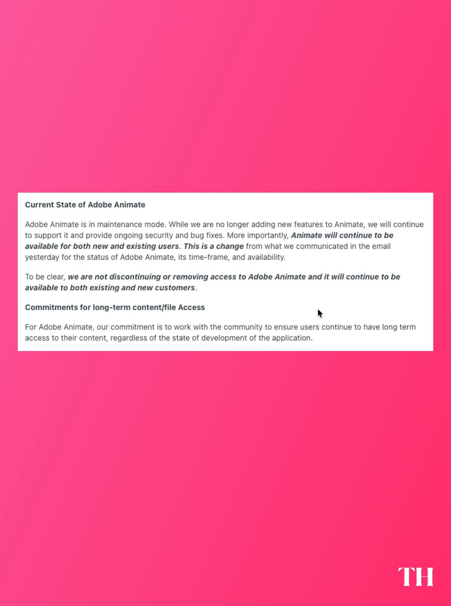 ToonHive's tweet image. Adobe Animate's situation has now updated to the program to be in “maintenance mode”, meaning Adobe will not be adding new features to the program and it will no longer be discontinued.

(Source: reddit.com/r/adobeanimate…)