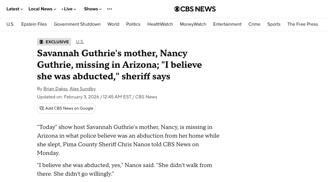 infowars's tweet photo. Savannah Guthrie's Mother, Nancy Guthrie, Is Missing And Presumed Kidnapped. Meanwhile Her Husband's Firm Is Mentioned In The Epstein Files https://t.co/nYdUwWNWhW