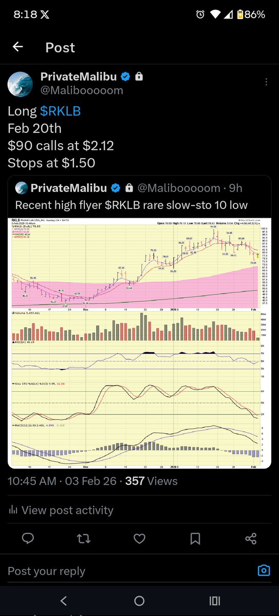 Over at Malibu Private, these $RKLB calls closed the day at $3.20. Better than $1 per contract.  On a simple 10 lot, already up over $1000