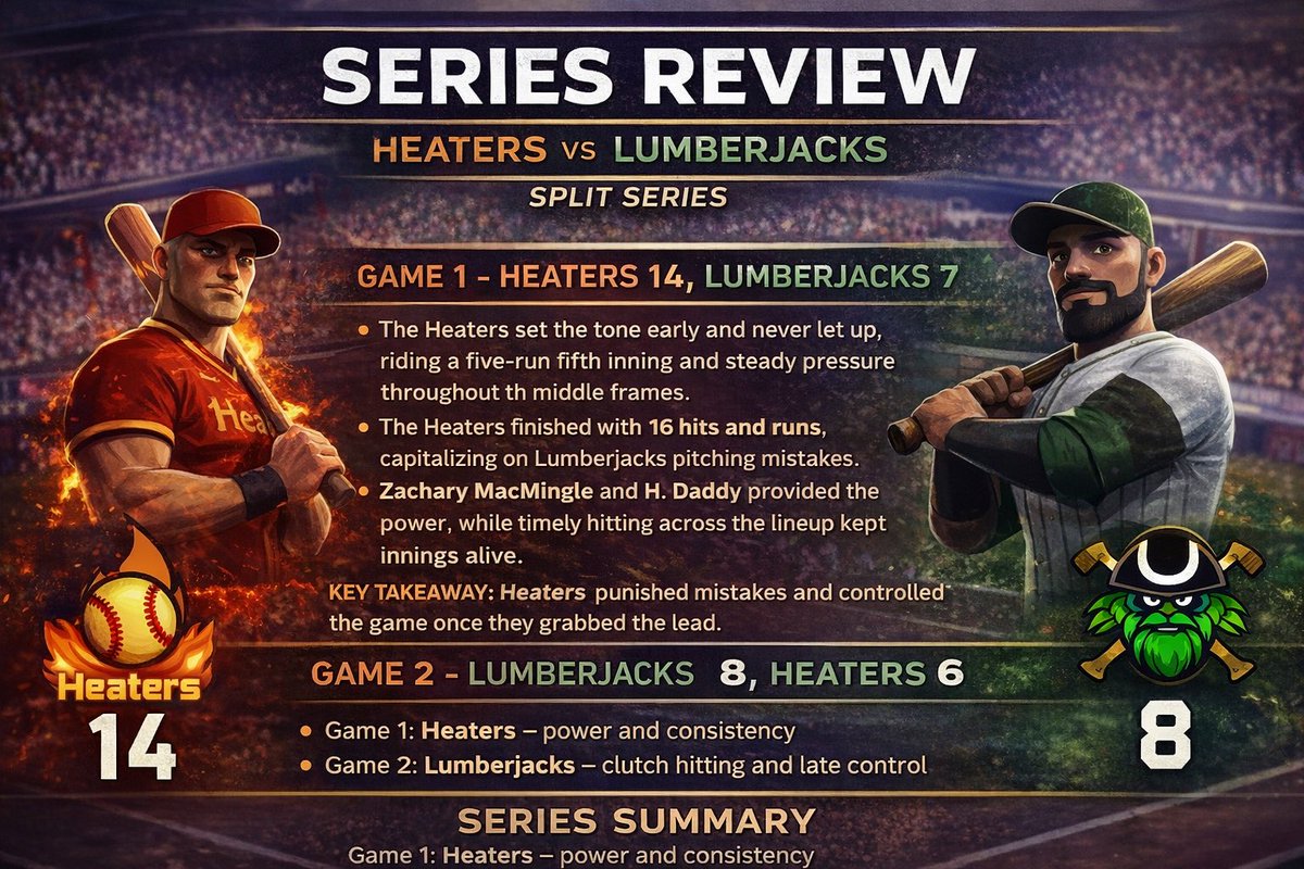 Series split at Big Wood ⚾️
Heaters strike first in Game 1, Lumberjacks answer back in Game 2. Power, momentum swings, and late-game drama define a hard-fought set. 🪓🔥