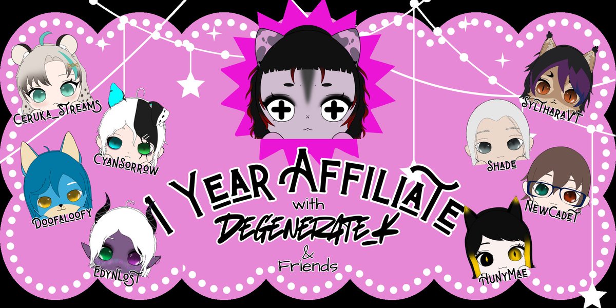THIS FRIDAY!!!!
I'm gonna be celebrating 1 year as affiliate with my sweet friends🥹💖
Please come join us!!
×
Banner by <a href="/EdynLost/">Edyn Lost</a> my stweam gf💖 jaja
×
#twitch #1yearaffiliate #celebration
×
twitch.tv/Degenerate_K/