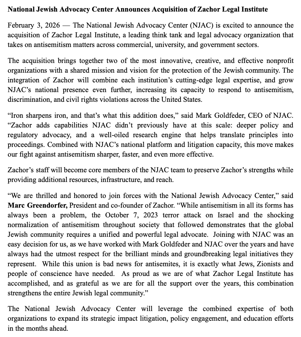 luketress's tweet photo. National Jewish Advocacy Center acquires the Zachor Legal Institute https://t.co/IhQlXUHMXI
