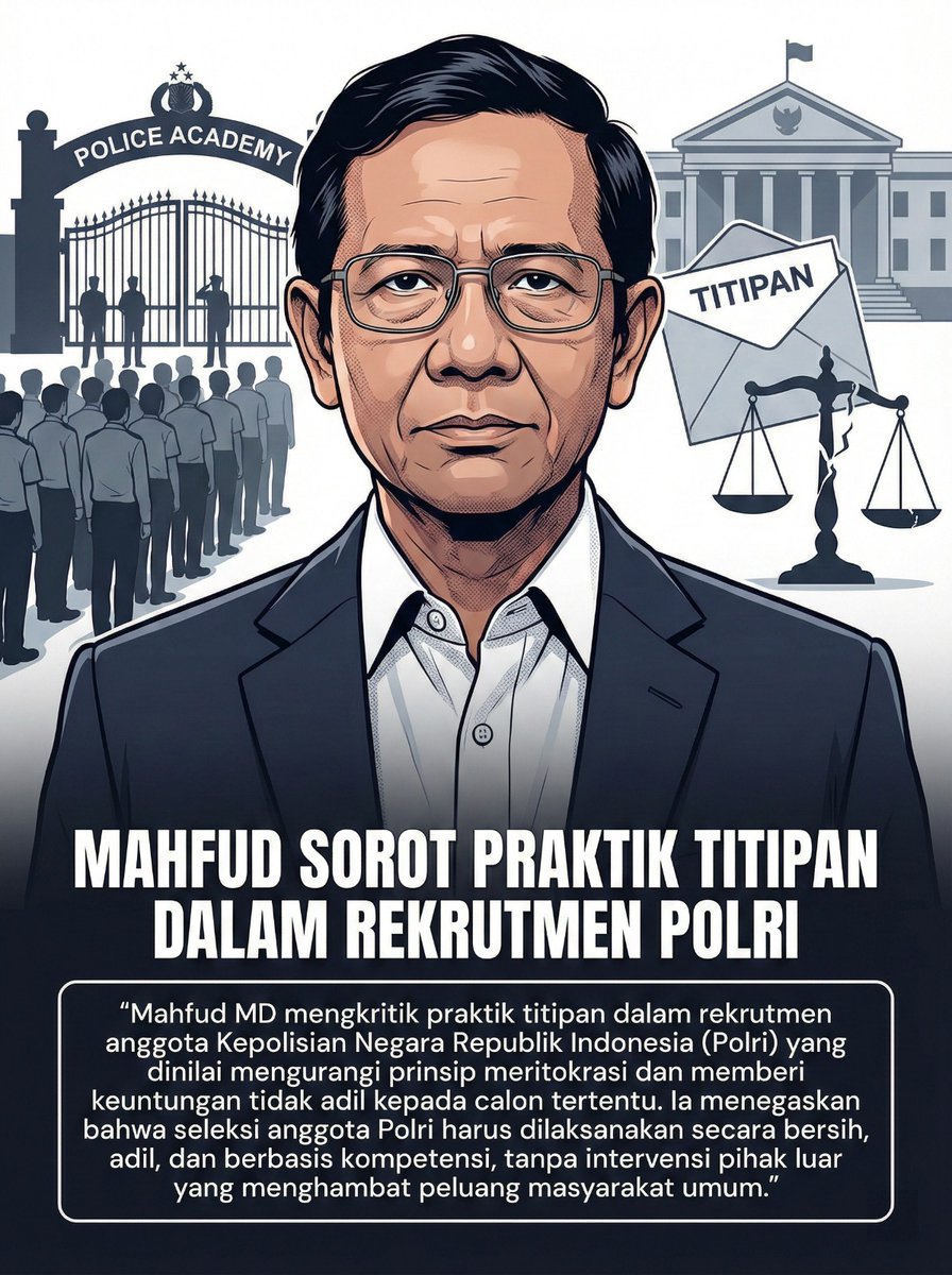 "Mahfud md mengkritik praktik titipan dalam rekrutmen polri yang dinilai mengurangi prinsip meritokrasi dan memberi keuntungan tidak adil kepada calon tertentu. Ia menegaskan bahwa seleksi anggota polri harus di laksanakan secara bersih.