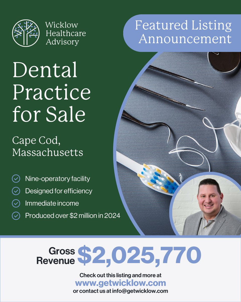 Wicklow_Tweets's tweet image. Featured listing from Wicklow! A general dental practice on Cape Cod! 

📍 Location: Cape Cod, MA
💰 Asking Price: $1,675,000
🏢 Facility: 2,500 sq. ft., real estate available

Check out the full listing here: getwicklow.com/listing?listin…

#DentalPracticeForSale #GetWicklow