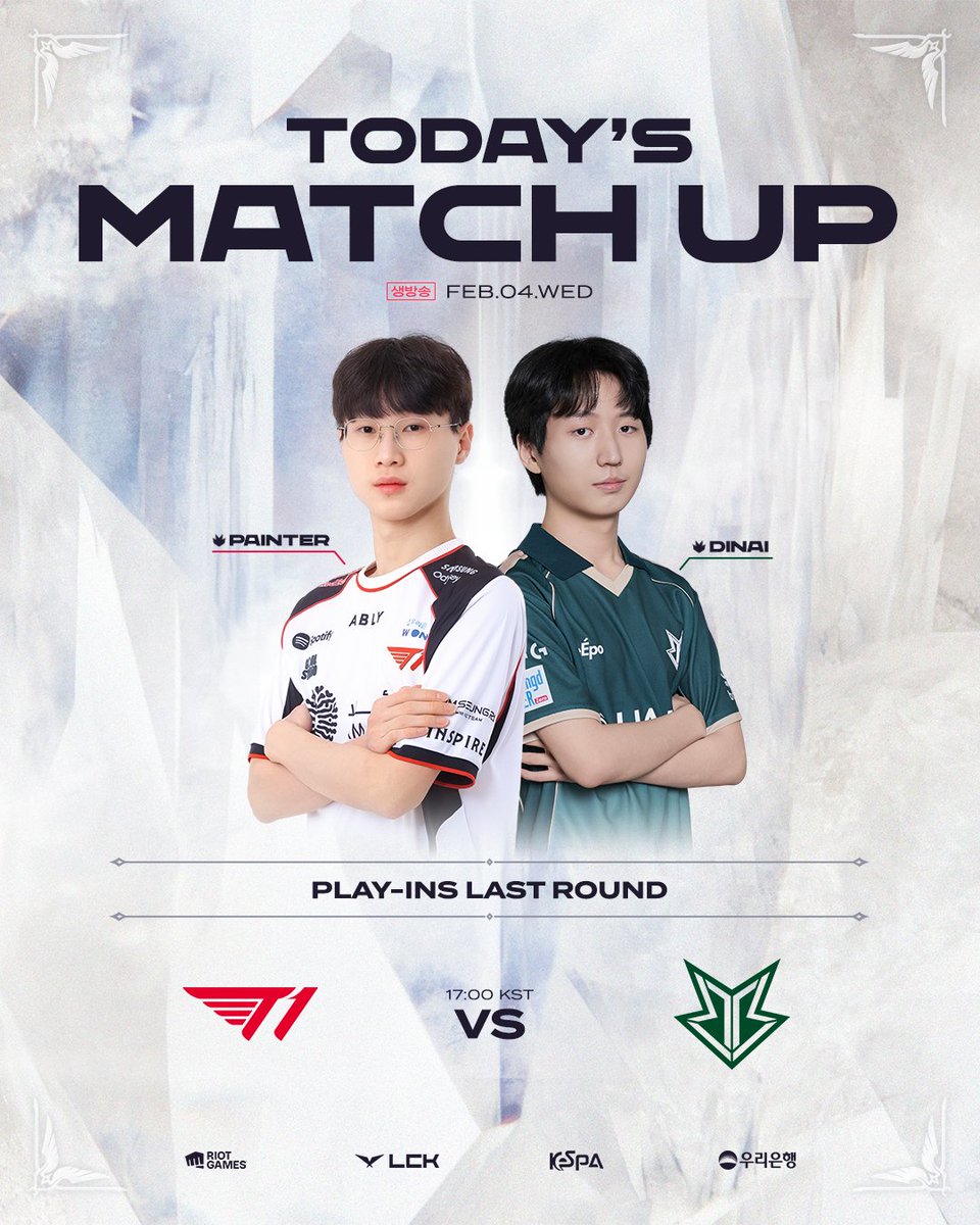 [2026 LCK CL KICKOFF] 2/4(수) 매치업

플레이오프를 가기 위한 두 팀의 마지막 승부🔥
오늘의 매치업을 확인해 보세요!

Play-Ins Round 3 Last Round. 17:00 [KST] T1 vs BRO

#LCKCL #ChallengeToTheTop #RiseToLegend