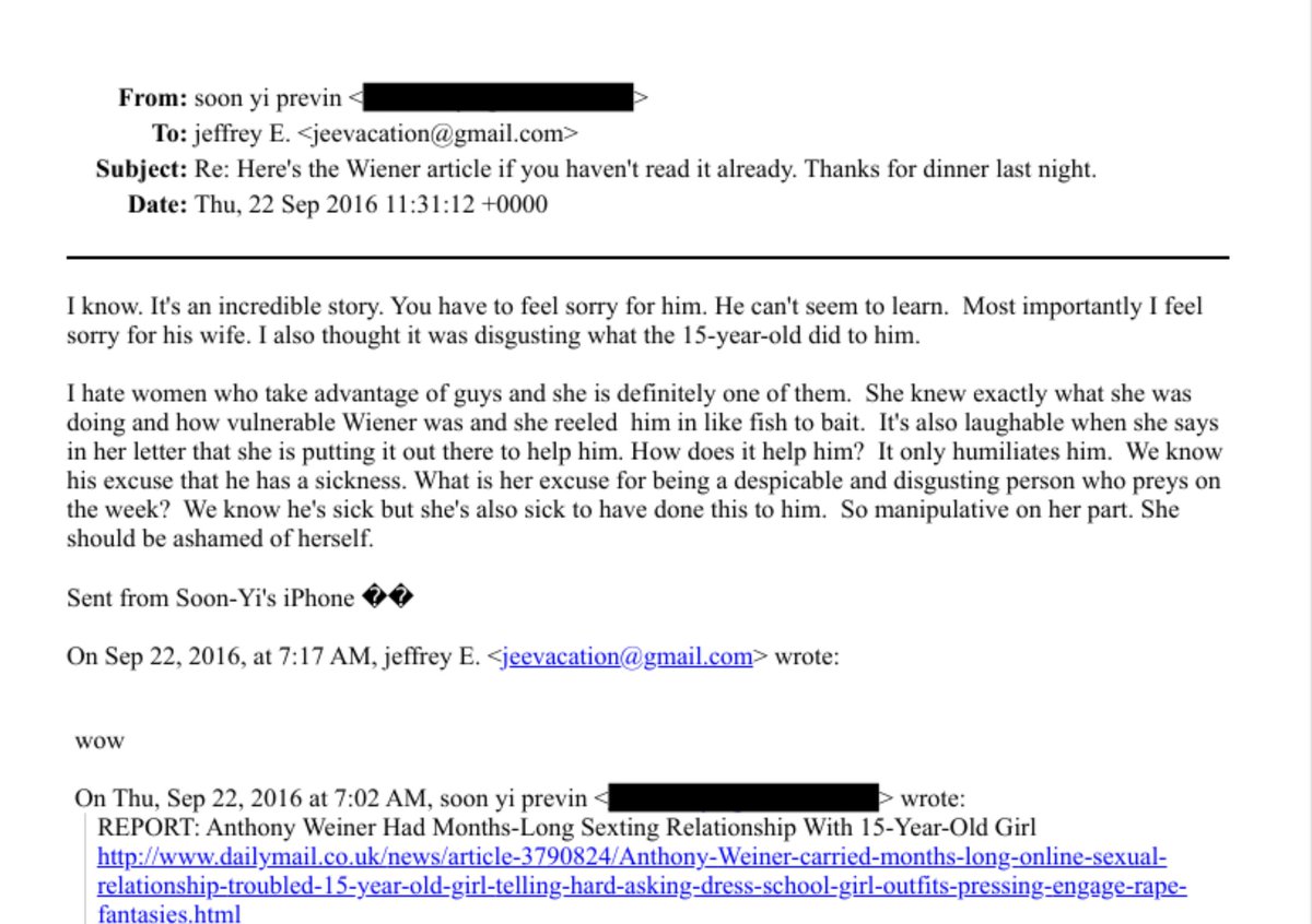 cmclymer's tweet image. Here's Soon-Yi Previn, wife of Woody Allen (who was groomed by Allen as a teenager) defending Anthony Wiener and saying the 15-year-old girl he preyed on should "feel ashamed of herself" for manipulating him into a sexual relationship.