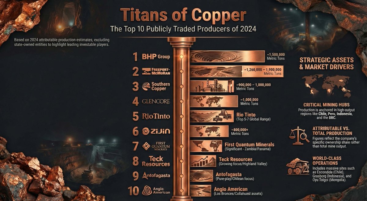 simonnextclick's tweet image. Copper Kings. This infographic identifies the dominant publicly traded corporations in the global copper industry based on their recent production output. It focuses specifically on investor-owned entities listed on major stock exchanges, thereby excluding state-owned giants like…