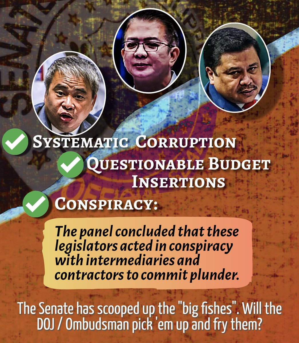 The Senate Blue Ribbon Committee, chaired by Senator Ping Lacson, has released a partial report recommending the filing of PLUNDER, GRAFT, &amp; other CRIMINAL CHARGES against three sitting senators, two members of HoR, including a 19th Congress senator, et al 

#FloodControlMess