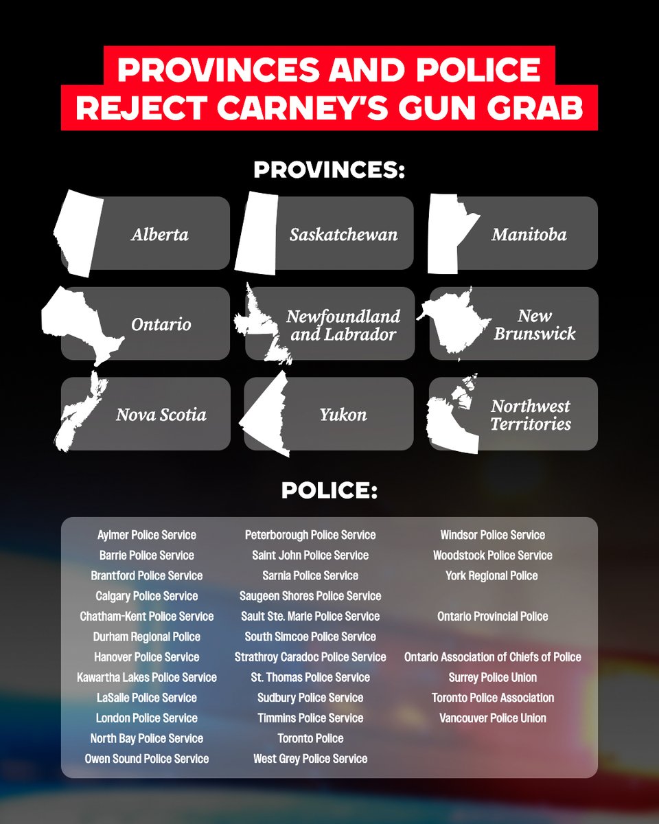 PierrePoilievre's tweet image. Governments, police forces and unions, and thousands of Canadians across the country send a clear message:

Scrap Carney’s gun grab.

Stop illegal weapons from coming over the border.

Crack down on gun crime.

Conservatives agree - sign to make it happen: conservative.ca/cpc/stopthegun…
