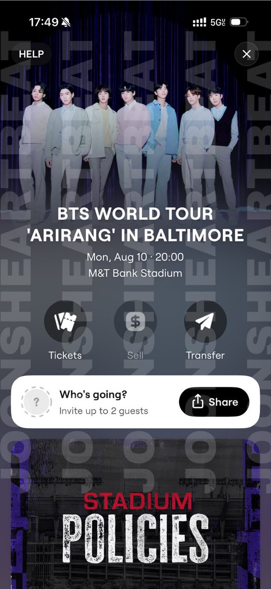 joonsheartbeat's tweet photo. I have 2 tickets to bts world tour arirang for aug 10th Baltimore, Maryland (MD)

Section 100s row 20

$500 each 

I have receipts and FaceTime! 
DM me pls https://t.co/cz4QiwfvTH