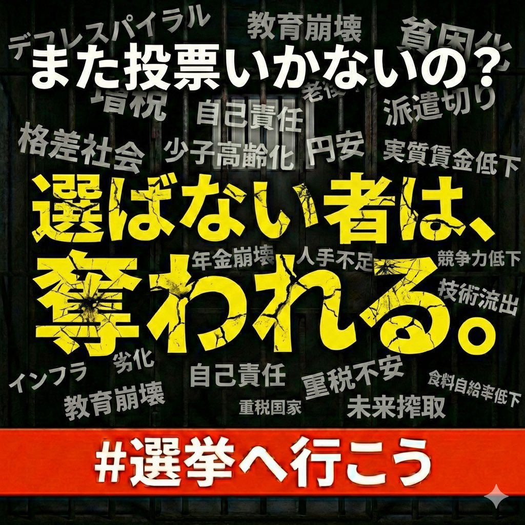 選挙も残り4日ですね🔥

権力者を野放しにしていて善政が敷かれた例など世界のどこかにあるのでしょうか🌏

投票率5割の日本🎌
政治に声を届けよう
政治にプレッシャーを与えよう

行くぞー‼️