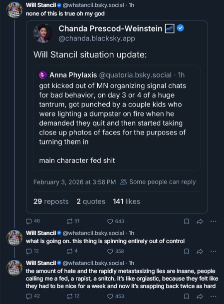 captive_dreamer's tweet image. Will Stancil update: he's now being accused by leftists of being a "fed" and a "rapist":