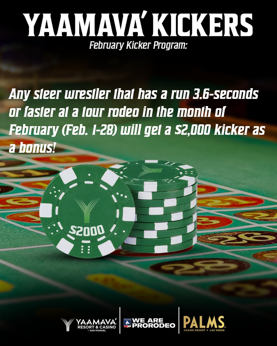 PRCA_ProRodeo's tweet image. Month two of the Yaamava’ kicker program has kicked off and this month is for the bulldoggers. Any steer wrestler with a 3.6-second time or faster at any tour rodeo will receive a $2000 bonus!

#WeArePRORODEO