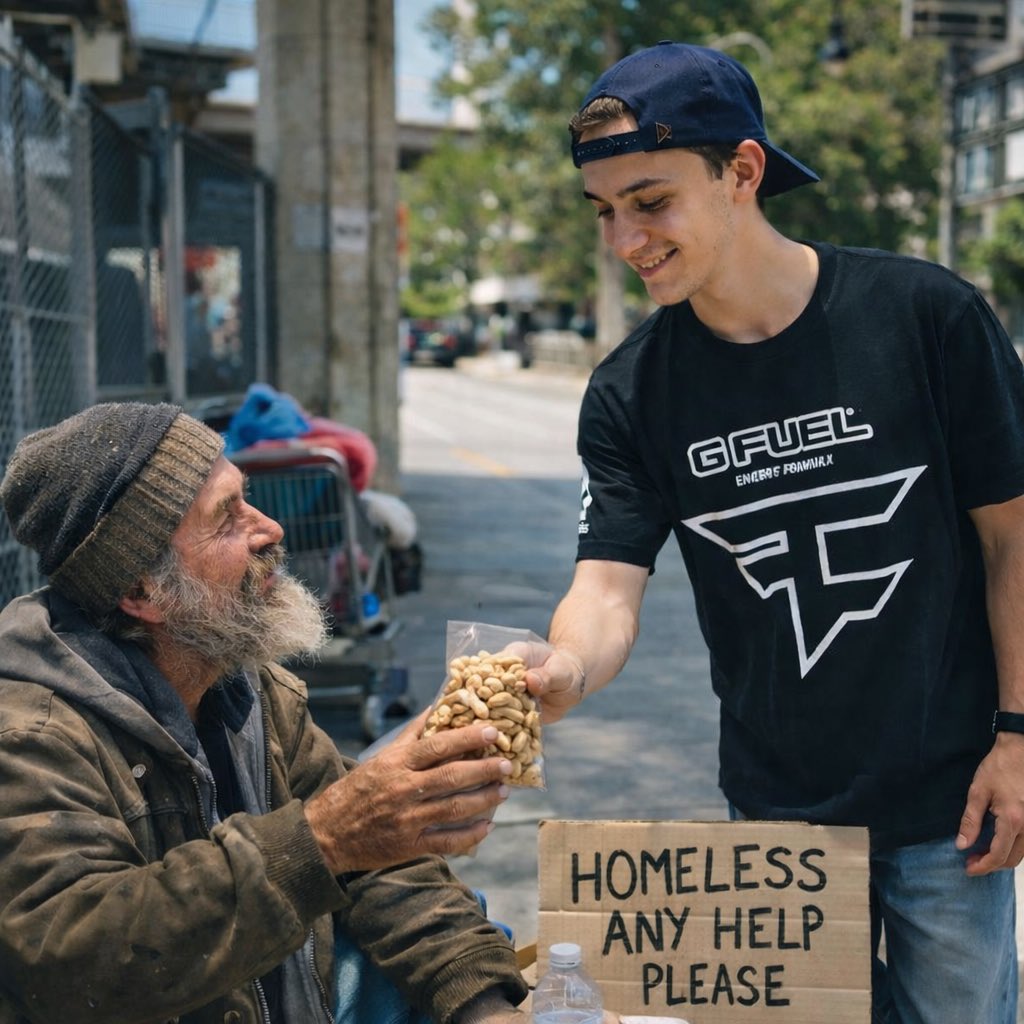 anthozy's tweet photo. @cloakzy wholesomely feeding the homeless a bag of peanuts @theburntpeanut @NICKMERCS https://t.co/AuRs30Y94n
