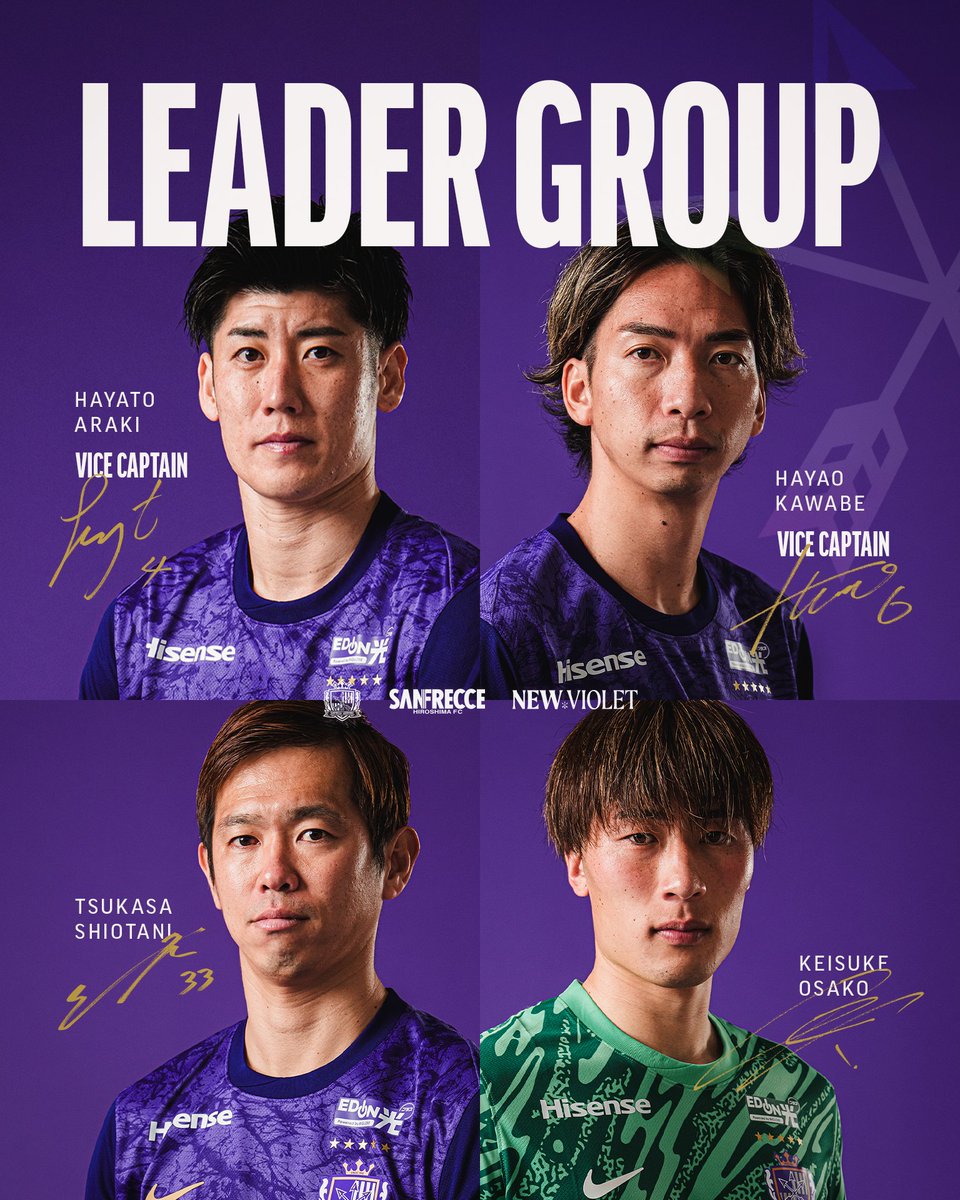 sanfrecce_SFC's tweet photo. 𝐋𝐞𝐚𝐝𝐞𝐫 𝐆𝐫𝐨𝐮𝐩⚽
明治安田J1百年構想リーグのリーダーグループが下記の通り決定いたしましたので、お知らせいたします。

𝐂𝐚𝐩𝐭𝐚𝐢𝐧
#佐々木翔 選手

𝐕𝐢𝐜𝐞 𝐂𝐚𝐩𝐭𝐚𝐢𝐧
#荒木隼人 選手 #川辺駿 選手

𝐋𝐞𝐚𝐝𝐞𝐫 𝐆𝐫𝐨𝐮𝐩 𝐌𝐞𝐦𝐛𝐞𝐫
#大迫敬介 選手 #塩谷司 選手

🔗 https://t.co/aMLnAbsDLR

#sanfrecce
#NEWVIOLET