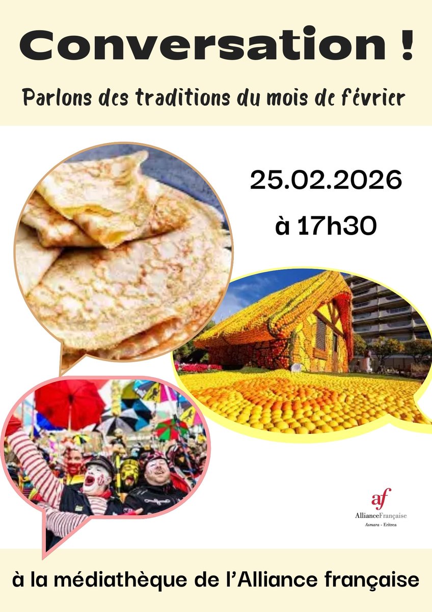 AFAsmara's tweet photo. 📷Aujourd'hui, on fait le point sur les ateliers Conversation et débat de l'AFA !
Rendez-vous à 17h30 le 14 février pour parler de l'amour 📷 et le 25 février pour discuter des traditions !📷
Quel sujet vous inspire le plus ce mois-ci ? https://t.co/5CdBDxB6wn